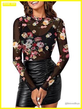 Women's Mesh Long Sleeve Mock Neck See Through Fitted Sexy Going Out Top Tee